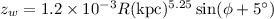 Mathematical equation: $z_w=1.2\times 10^{-3} R({\rm kpc})^{5.25}\sin (\phi +5^\circ )$