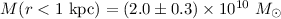 Mathematical equation: $M(r<1~{\rm kpc}) = (2.0 \pm 0.3)\times 10^{10}~M_{\odot}$