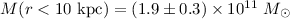 Mathematical equation: $M(r<10~{\rm kpc}) = (1.9 \pm 0.3) \times 10^{11}~ M_{\odot}$