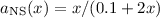 Mathematical equation: $a_{\rm NS}(x)=x/(0.1+2x)$