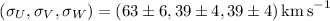 Mathematical equation: $(\sigma_U, \sigma_V, \sigma_W)=(63\pm 6, 39\pm 4, 39\pm 4) \,{\rm km\,s}^{-1}$