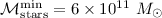 Mathematical equation: $\mathcal{M}_{{\rm stars}}^{{\rm min}}=6\times10^{11}~M_\odot$