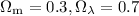 Mathematical equation: $\Omega_{\rm m} = 0.3, \Omega_\lambda = 0.7$