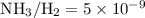 Mathematical equation: ${\rm NH}_3/{\rm H}_2 = 5\times 10^{-9}$