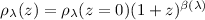 Mathematical equation: $\rho_\lambda(z)= \rho_\lambda(z=0) (1+z)^{\beta(\lambda)}$