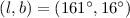 Mathematical equation: $(l,b) = (161\degr,16\degr)$
