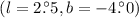 Mathematical equation: $(l=2.\hskip-2pt^\circ 5, b=-4.\hskip-2pt^\circ 0)$