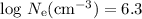 Mathematical equation: $\log\,N_{\rm e}({\rm cm}^{-3}) = 6.3$
