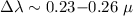 Mathematical equation: $\Delta \lambda \sim 0.23{-}0.26~\mu$
