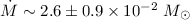 Mathematical equation: $\dot{M}\sim 2.6\pm0.9\times10^{-2}~M_\odot$