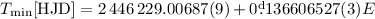 Mathematical equation: $T_{\rm min}[{\rm HJD}]=2\,446\,229.00687(9)+0\fd136606527(3)E$