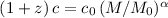 Mathematical equation: $(1+z)\,c=c_0\,(M/M_0)^\alpha$