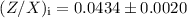 Mathematical equation: $(Z/X)_{\mathrm{i}}=0.0434 \pm 0.0020$