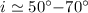 Mathematical equation: $i\simeq50^{\circ}{-}70^{\circ}$