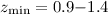 Mathematical equation: $z_{\rm min}=0.9{-}1.4$