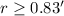 Mathematical equation: $r \ge 0.83^\prime$