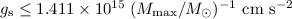 $g_{\rm s}\le 1.411 \times 10^{15}\;({M_{\rm max} /{ M}_\odot})^{-1}~{\rm cm~s^{-2}}$