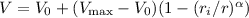$V=V_0+(V_{{\rm max}}-V_0)(1-(r_i/r)^{\alpha})$