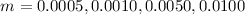 $m=0.0005, 0.0010, 0.0050, 0.0100$