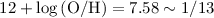 $12 + \log{\rm (O/H)} = 7.58 \sim 1/13$