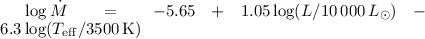 $\log \dot{M} = -5.65 + 1.05 \log ( L / 10\,000\, {L}_\odot ) -6.3 \log ( T_{\rm eff} / 3500\, {\rm K} )$