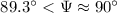 $89.3^\circ < \Psi \approx 90^\circ$