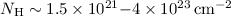 ${N_{\rm H} \sim 1.5 \times10^{21}{-}4\times 10^{23}\,\rm cm^{-2}}$