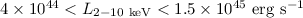 $4\times10^{44}<L_{2{-}10~\rm keV}<1.5\times 10^{45}~\rm erg~s^{-1}$