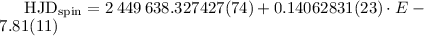 ${\rm HJD_{spin}}=2\,449\,638.327427(74)+0.14062831(23)\cdot E -7.81(11)$