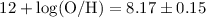 Mathematical equation: $12+\log({\rm {\rm O/H}})=8.17\pm0.15$