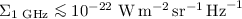 Mathematical equation: $ \Sigma _{{\rm 1\,\,GHz}} \la 10^{ - 22} \,\,{\rm W}\,{\rm m}^{{\rm - 2}} \,{\rm sr}^{{\rm - 1}} \,{\rm Hz}^{{\rm - 1}}$