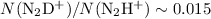 Mathematical equation: $N({\rm N_2D^+})/N({\rm N_2H^+})\sim 0.015$