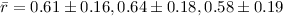 Mathematical equation: $\bar{r}=0.61\pm0.16, 0.64\pm0.18, 0.58\pm0.19$