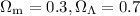 Mathematical equation: $\Omega_{\rm m}=0.3, \Omega_\Lambda=0.7$