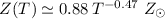 Mathematical equation: $Z(T)\simeq 0.88\,T^{-0.47}~Z_\odot$