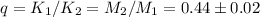 Mathematical equation: $q = {K_1/K_2} = {M_2/M_1} = {0.44 \pm 0.02}$