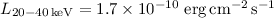 Mathematical equation: $L_{20-40\,\mathrm{keV}}= 1.7 \times 10^{-10}~\mathrm{erg\,cm^{-2}\,s^{-1}}$