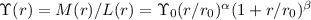 Mathematical equation: $\Upsilon(r) = M(r)/L(r) = \Upsilon_0 (r/r_0)^{\alpha} (1 + r/r_0)^{\beta}$