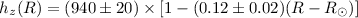 Mathematical equation: $h_z (R)= (940\pm20)\times [1 - (0.12\pm0.02) (R-R_\odot)]$