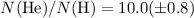 Mathematical equation: $N({\rm He})/N({\rm H})=10.0(\pm 0.8)$