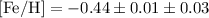 Mathematical equation: $\rm [Fe/H]=-0.44\pm0.01\pm0.03$