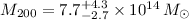 Mathematical equation: $M_{200} = 7.7^{+4.3}_{-2.7}\times 10^{14}\,{M}_\odot$