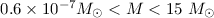Mathematical equation: $0.6\times10^{-7}M_\odot<M<15~M_{\odot}$