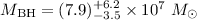 Mathematical equation: $M_{\rm BH}= (7.9)^{+6.2}_{-3.5} \times 10^{7}~M_{\odot}$