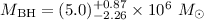 Mathematical equation: $M_{\rm BH}=(5.0)^{+0.87}_{-2.26}\times 10^{6}~M_{\odot}$