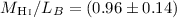 Mathematical equation: $M_\ion{H}{i}/L_B=(0.96\pm0.14)$
