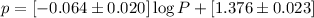 Mathematical equation: $p = [-0.064 \pm 0.020] \log P + [1.376 \pm 0.023]$