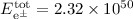 Mathematical equation: $E_{\rm e^\pm}^{\rm tot} = 2.32\times 10^{50}$