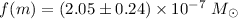 Mathematical equation: $f(m) = (2.05 \pm 0.24) \times 10^{- 7}~M_{\odot}$
