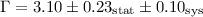 Mathematical equation: $\Gamma = 3.10 \pm 0.23_{\mathrm{stat}} \pm 0.10_{\mathrm{sys}}$